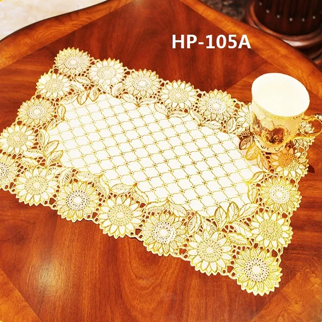 Oval /Rectangle oblong shape golden pvc lace placemats pvc dining table mat doilies 30*46 cm