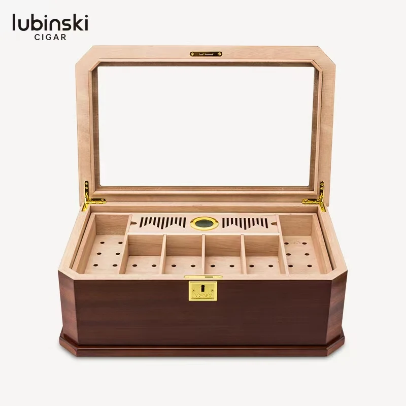 Lubinski Sapele Wood Perspective Window Double Layer Large Capacity Cigarette Box 80 Cigars Humidor