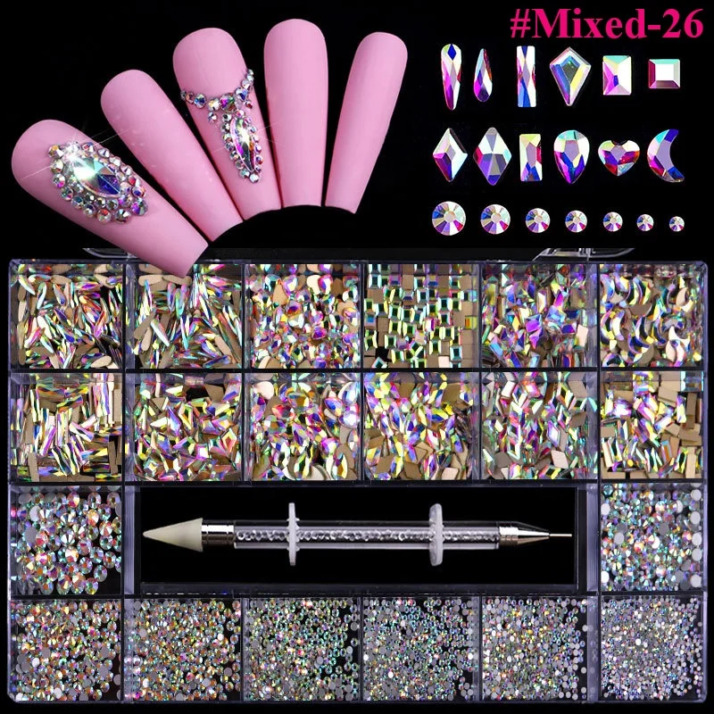 GREENKEM Hot Crystal AB Nail Art Rhinestones Mix Shape Fancy Shaped In Box Flat Bottom Glass Nail Diamond Rhinestone