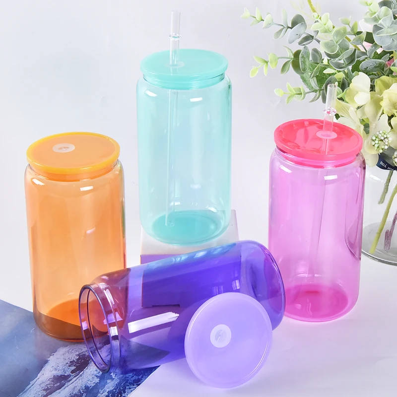 Single wall 12/16/20oz sublimation coated glass mason jar with lid glass coke cup bamboo lid water cup