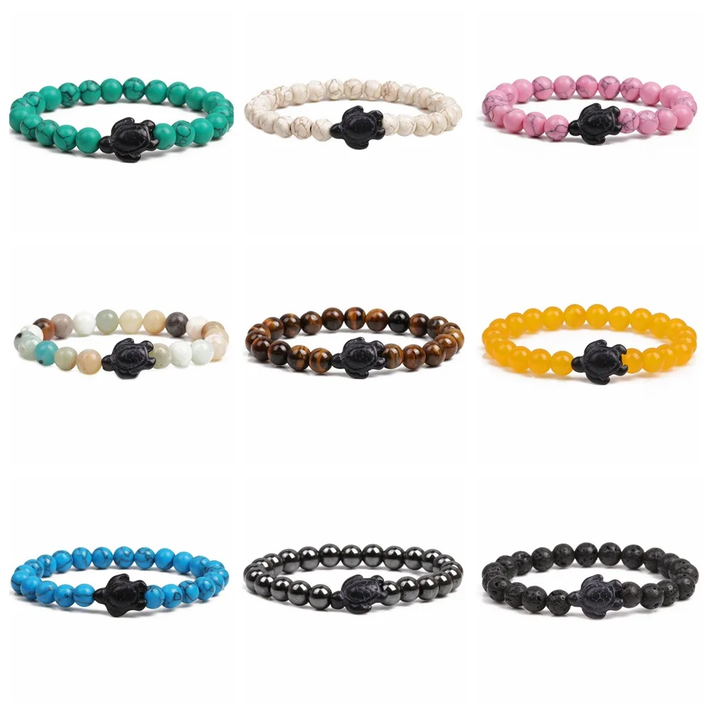 Wholesale 8mm Tiger Eye Stone Beads Sea Turtles Bracelet Turquoise Natural Stone Elastic Stretch Turtles Charm Bracelet