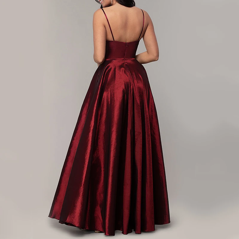 Custom Elegant Long Maxi Red Sleeveless Open Back Women Prom Evening Dress Wholesale with Pocket