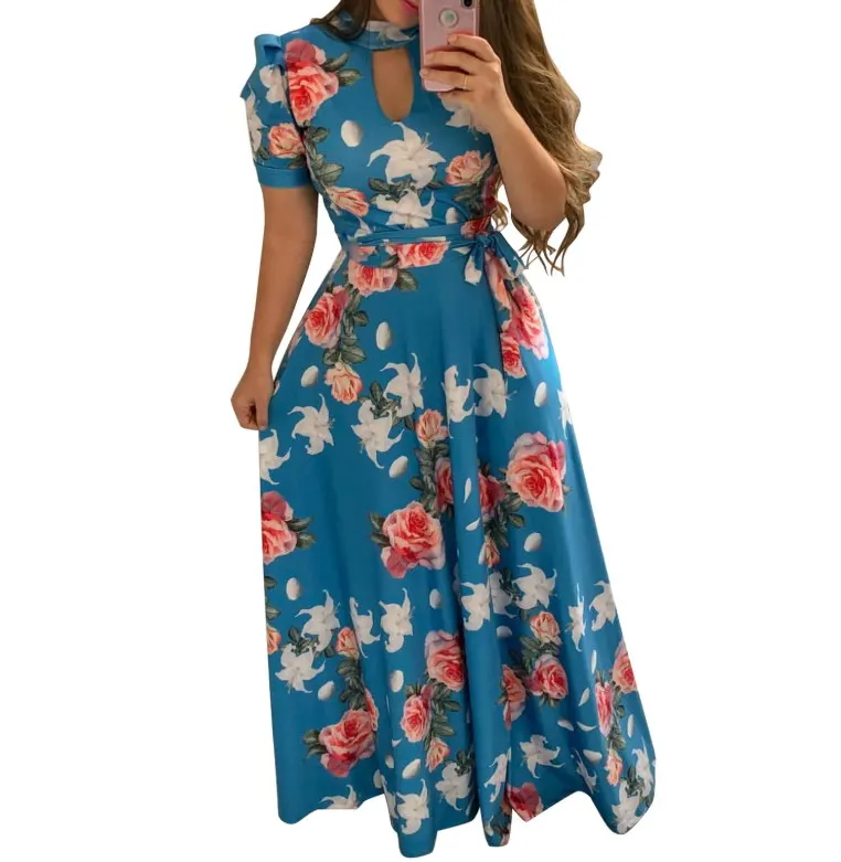 2022 Professional Custom Women Summer Fashion Plus Size Print O Neck Short Sleeve Loose Long Dresses