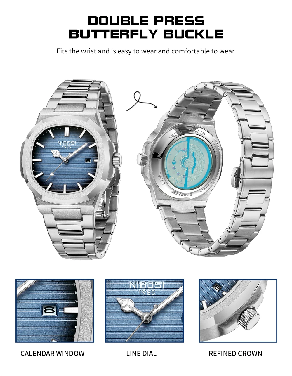 NIBOSI 2619 Imitated Mechanical Design Quartz Watches Stainless Steel Band Luminous Wristwatches for Male Clock Wholesale