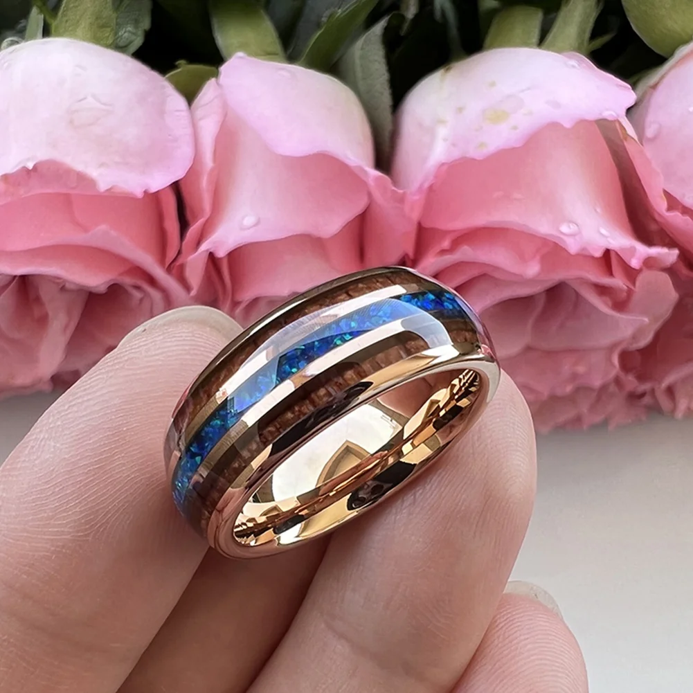 Coolstyle Jewelry 8mm Blue Opal Koa Wood Inlay Rose Gold Tungsten Carbide Ring for Men Women Fashion Wedding Band Comfort Fit