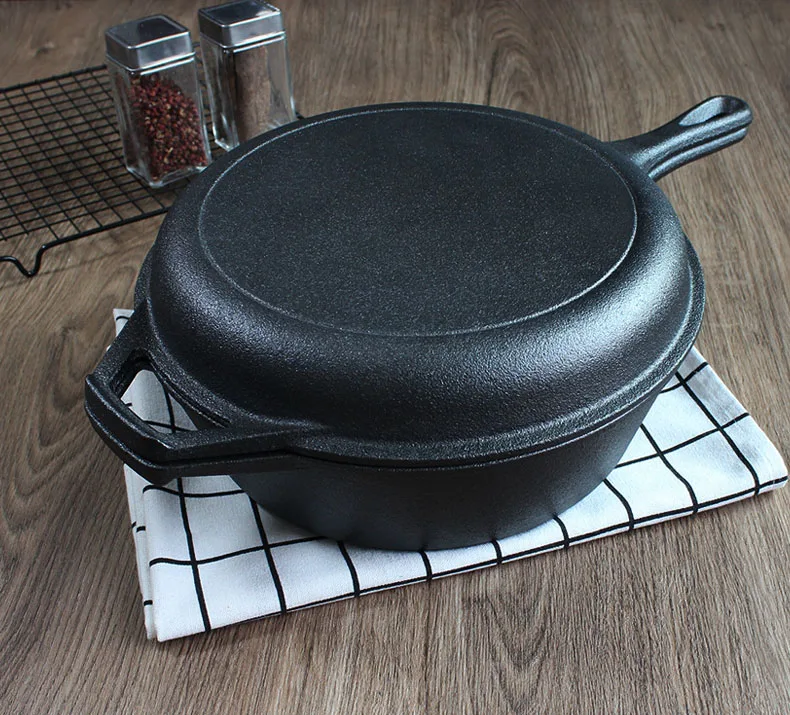 26cm Pre-seasoned Cast Iron Pot with Handle 2 in 1 Stew Pot with Fry Pan Cast Iron Dutch Oven