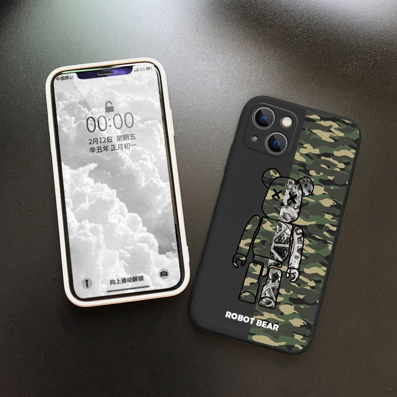 ROBOT Bear Phone Case for iPhone 14 13 Pro 12 11 Pro Xs X XR Max 8 7 SE with Cloth Silicone Cases Soft Back Cover