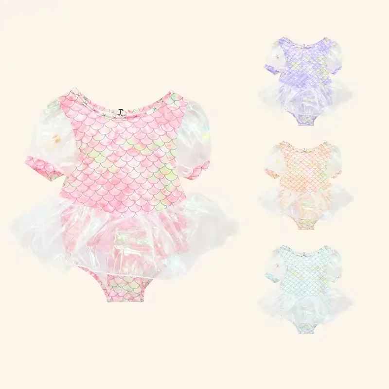 New Boutique Summer Mermaid Print Bubble Sleeve Design Kids Girls Bikini Swimsuit Cute Toddler Girl Swimwear