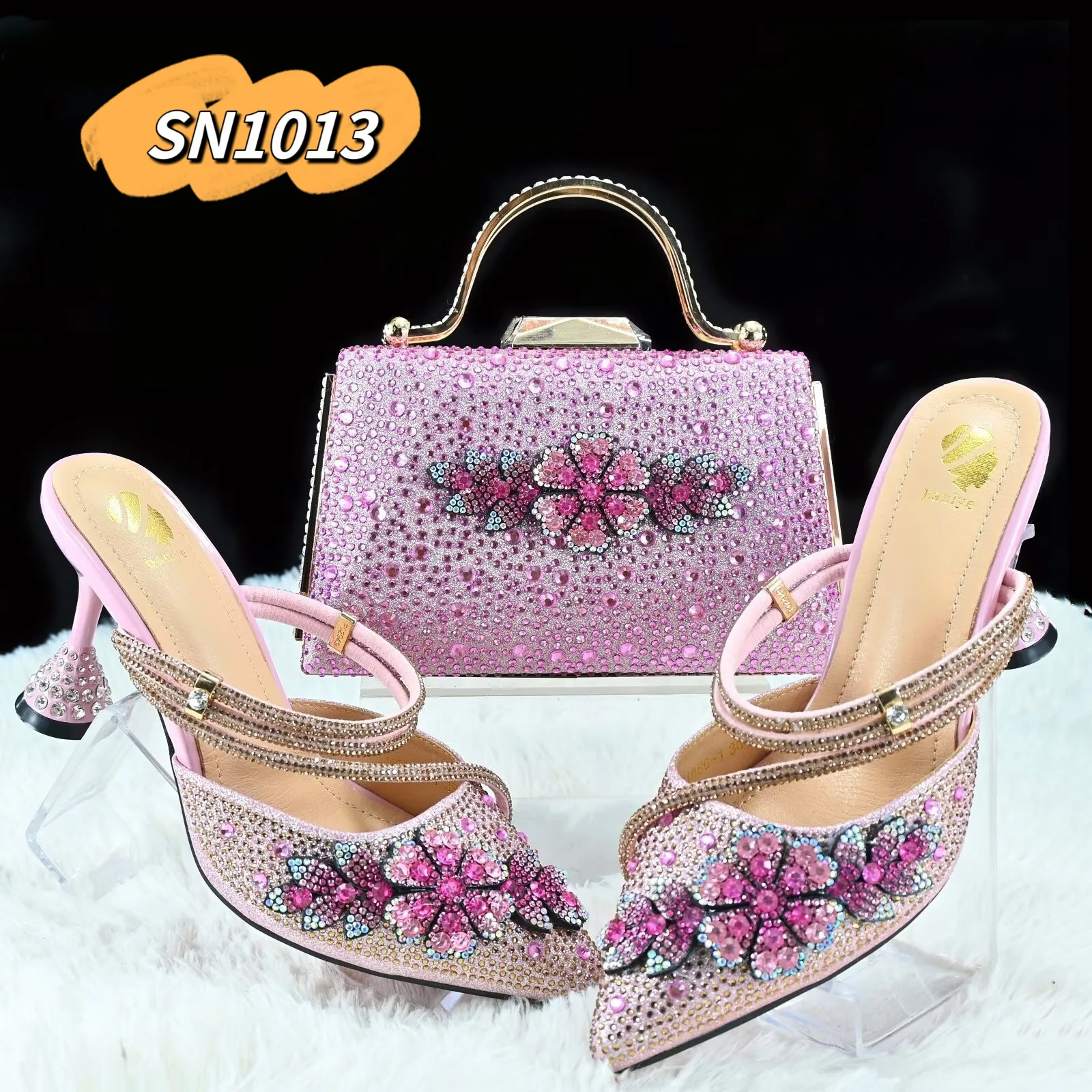 2025 Rhinestone Evening Matching Shoe and Bag Set Orange Matching Clutch Bag Woman Nigeria