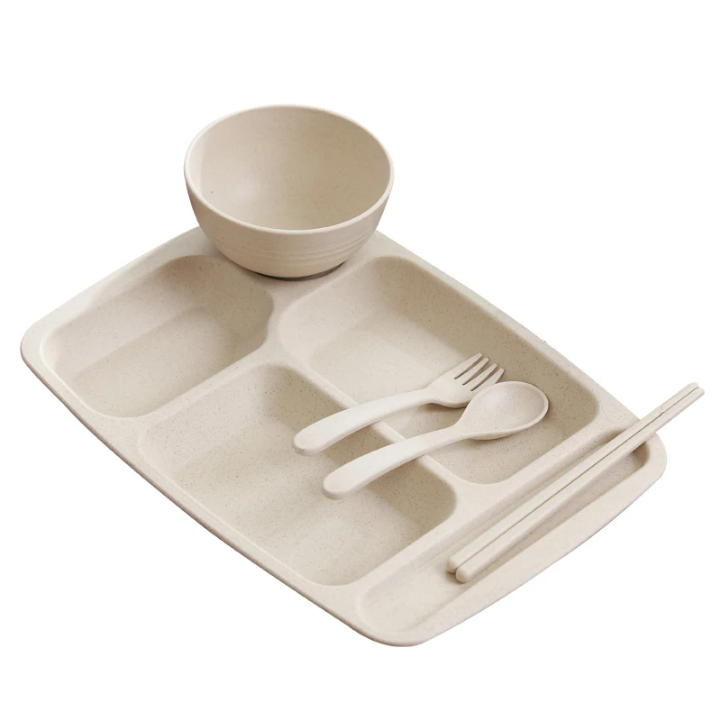 Wholesale amazon cheapest beige bulk high quality square shape plastic dinner plate set reusable wheat straw tableware for kid