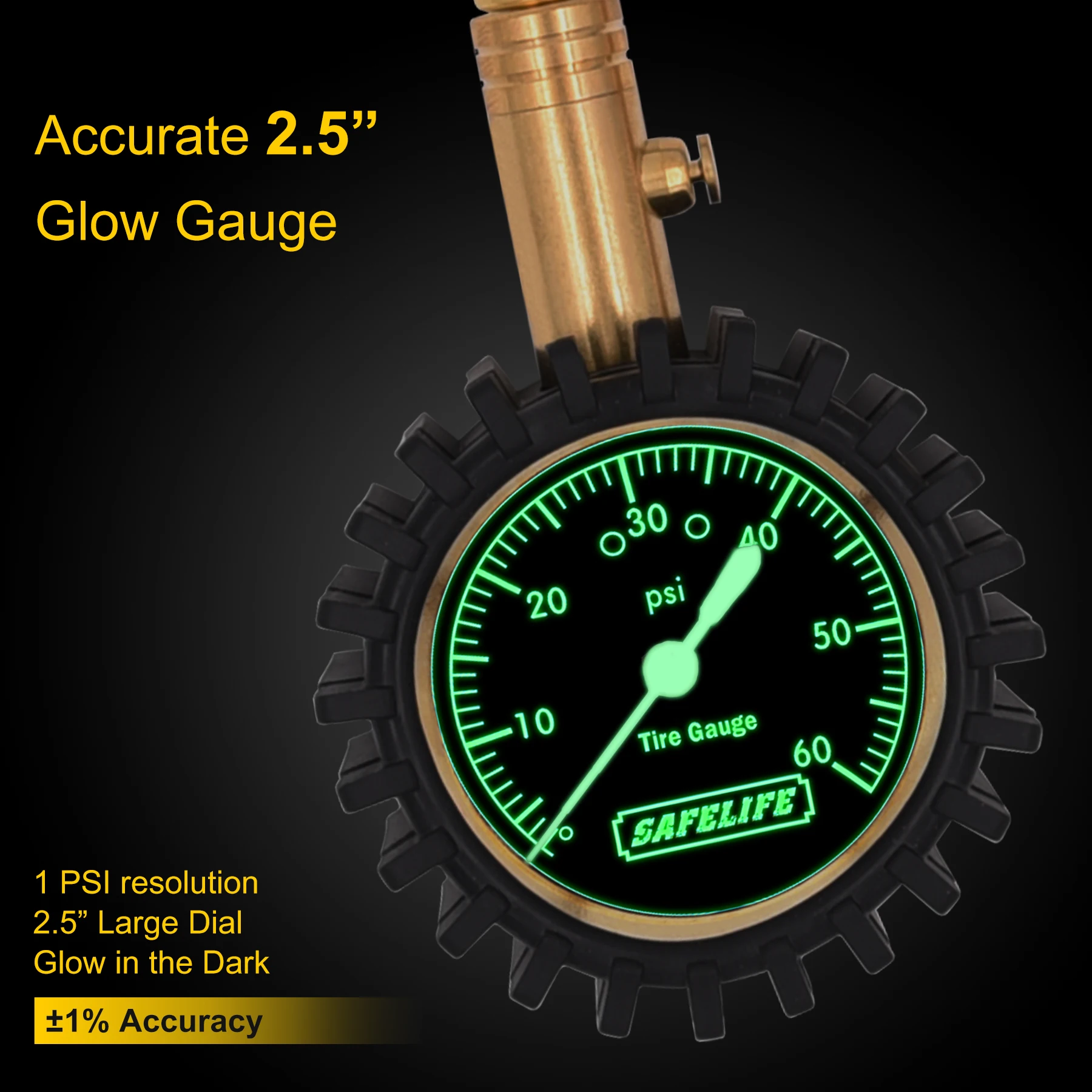 Tire Pressure Gauge, Glow Dial Gauge with Flexible Hose Air Chuck, 0-60 PSI Tire Gauge for Car Truck Bicycle Motorcycle