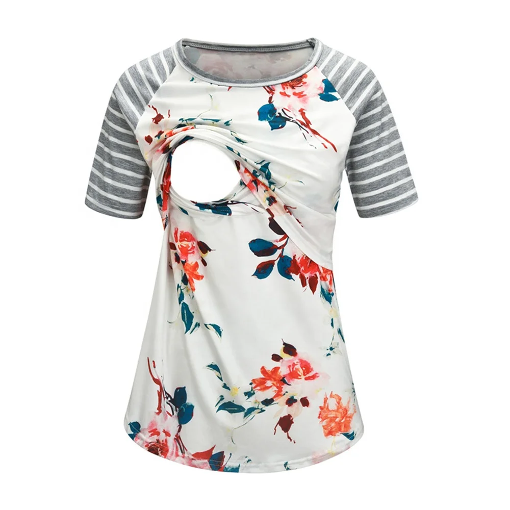 Женский топ для кормящих матерей одежда с цветочным принтом Футболка с коротким длинным рукавом для грудного вскармливания
