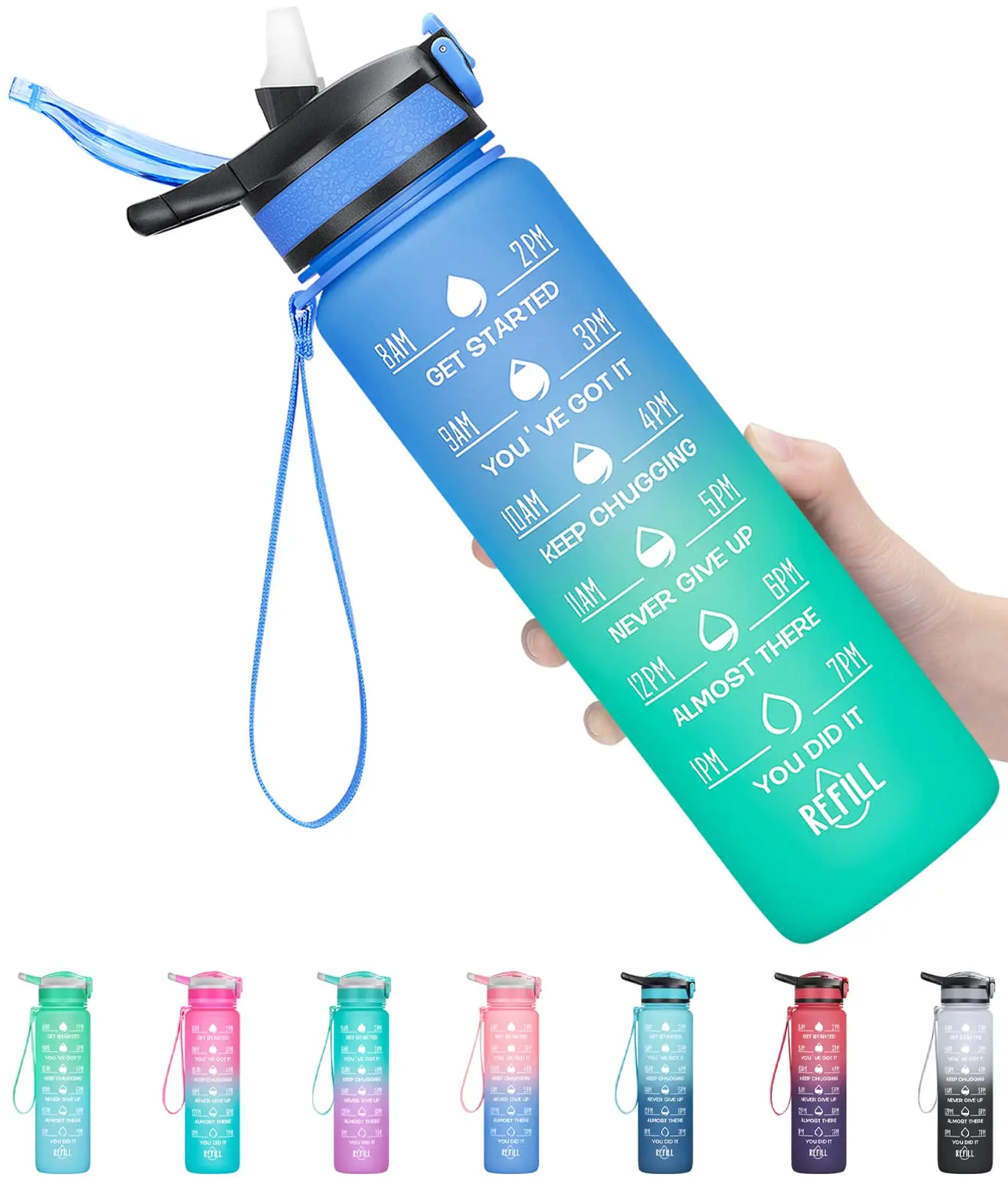 32 oz Water Bottle with Time Marker Carry Strap Leak-Proof BPA-Free Ensure You Drink Enough Water for Fitness Gym Outdoor Sports