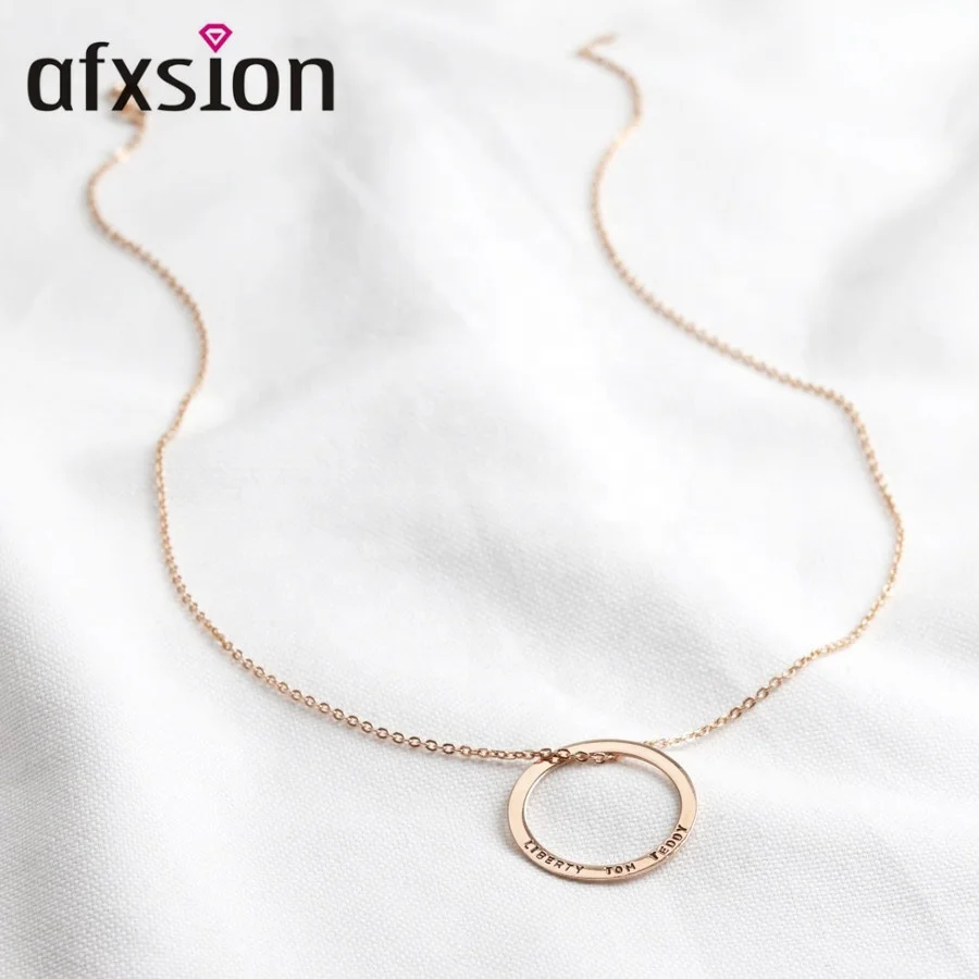 AFXSION Personalised Stainless Steel Jewelry Girls Gold Family Hoop Necklace Engraved Name Positive Phrase Word Circle Necklace