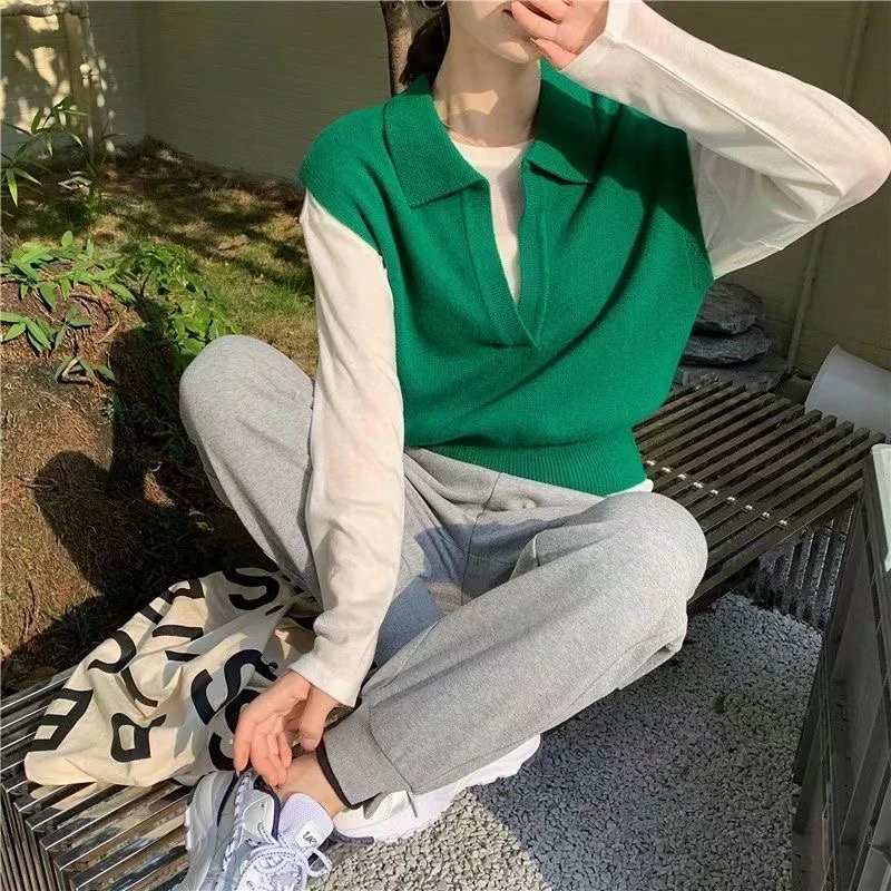 Spring Autumn Women Sweaters Pullovers Striped Sleeveless Knitted POLO Collar Wild Short Vests