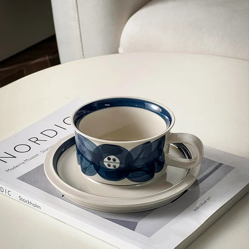 Longstar New Style Coffee Cup Hand-painted Blue Anemone Flower Ceramic Mug Saucer Set