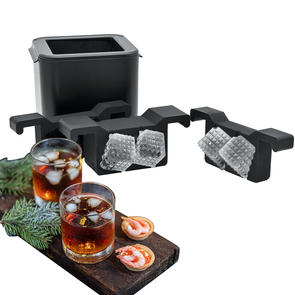 BHD BPA Free Big Rhomb Silicone Square Ice Cube Mold No Bubbles 4 Cavity Large Clear Ice Cube Tray for Cocktails Drinks Whiskey