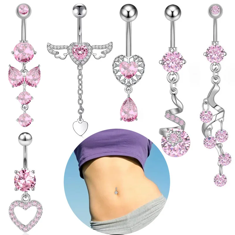 Cross Border Pink Zircon Heart Dangling Belly Ring Sexy Cute Belly Button Ring Stainless Steel Piercing Jewelry for Women