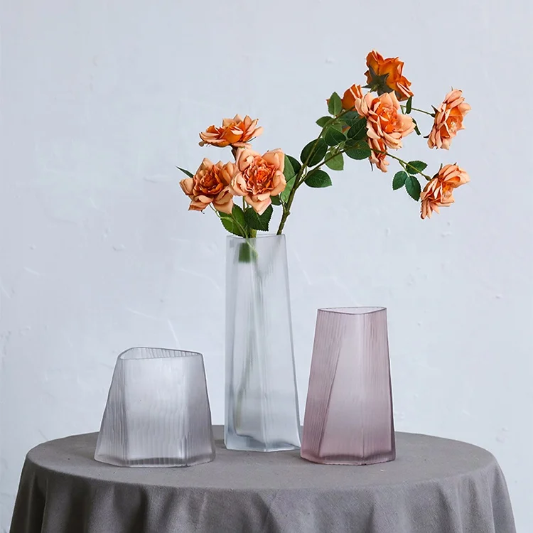 Bixuan Handmade Mouthblown Art Glass Flower Vase Unique Sanding Surface Design Geometrical Shape Solid Matte Color Flower Vases