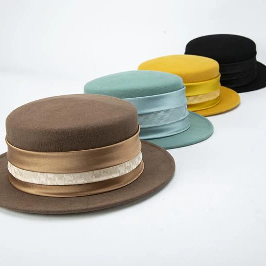 Autumn and Winter Woolen Cloth New Flat Top Flat Brim British French Small Brim Hat Yellow Fruit Green Flat Top Hat