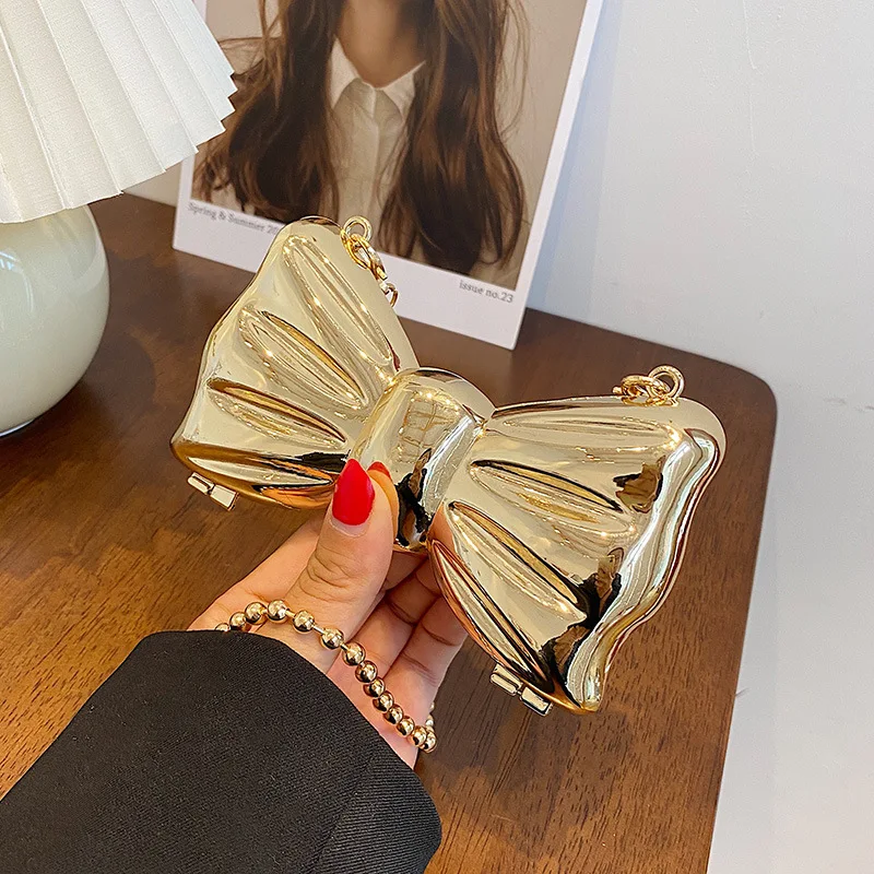 Luxury New Metallic Bow Shoulder Bag Tiny Women Dinner Party Bags Mini Crossbody Bags For Women Clutch Coin Lipstick Purses