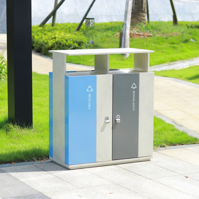 Large capacity galvanized steel commercial waste bins metal trash can outdoor public litter bin with lids for park street