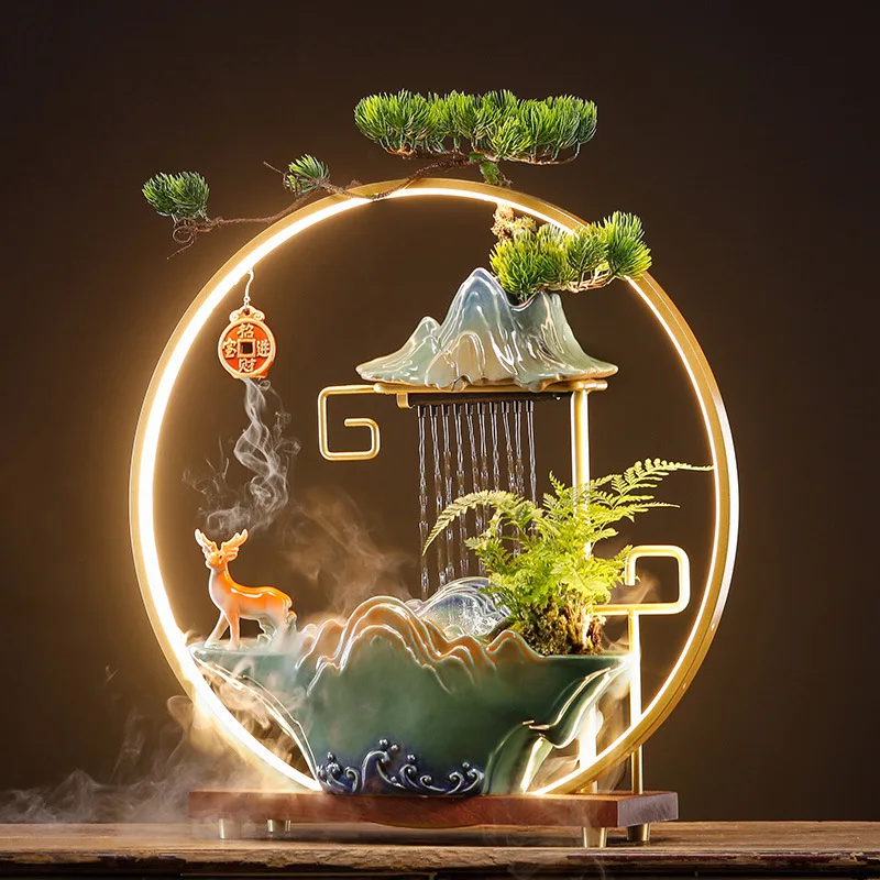 indoor office desktop ornament water fountain with smoke  creative home decor waterfall fountain with incense burner and light