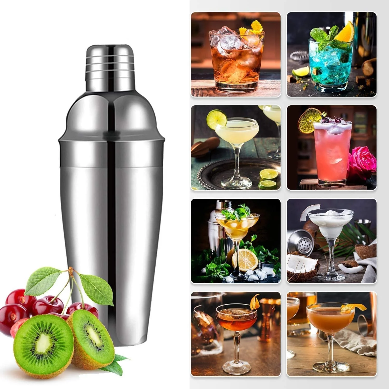 Camol Factory Bar Tools Shaker Bar Tools Set Factory Direct 15 Pieces Steel with Bamboo Wood Stand Bartender Cocktail Shaker