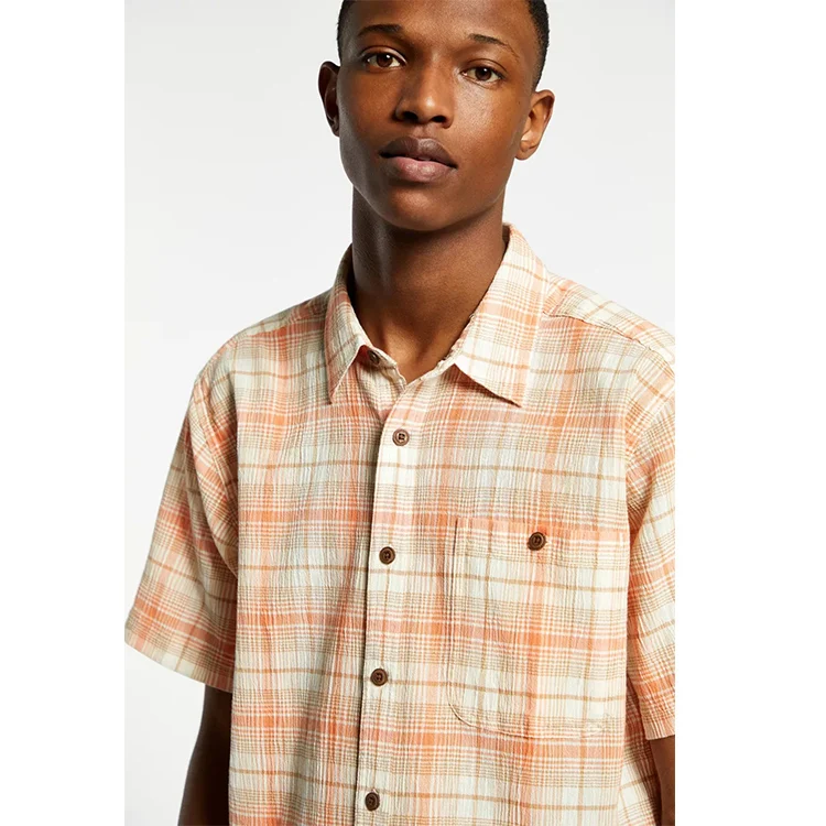 Oem Wholesale Turn-down Collar 100% Cotton Summer Orange Checked Short Sleeves Shirts For Men