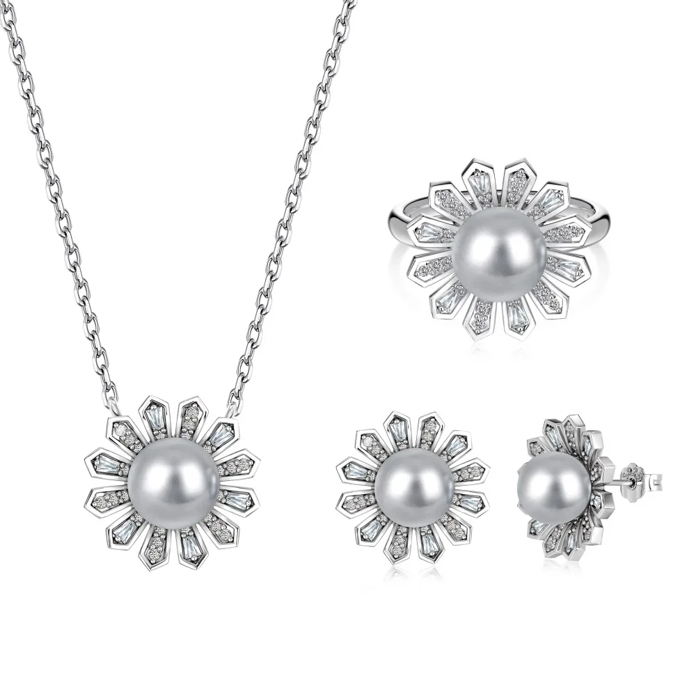 Dylam Elegant Design Hypoallergenic S925 Silver Rhodium Plated Shell Pearl 5A Zirconia Necklace Earrings Ring Women Jewelry Set