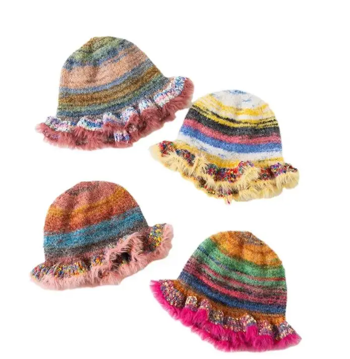 Vintage rainbow striped oil painting style woolen hat with ruffled edges fisherman hat for autumn and winter women Fashion hat