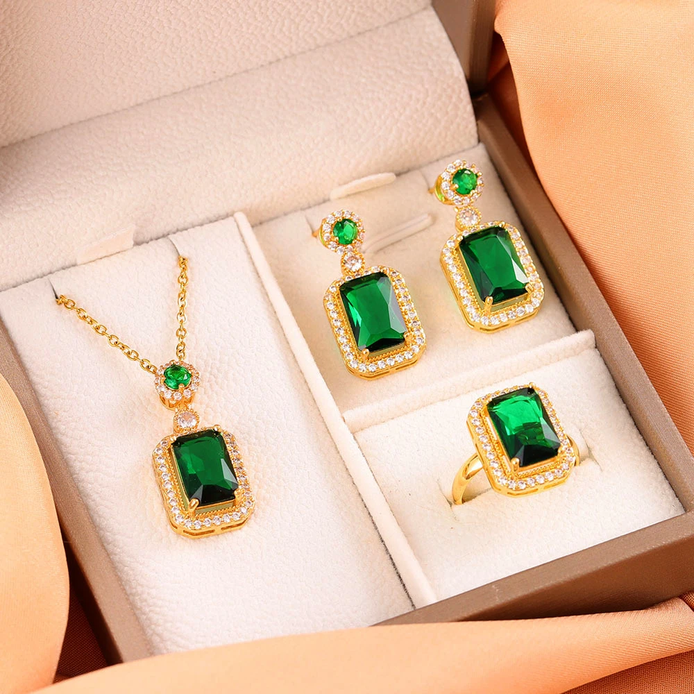 Hot 18k Stainless Steel Jewelry Set Emerald Zircon Geometric Drop Earrings Open Ring Ruby Pendant Necklace Fashion Jewelry Gift