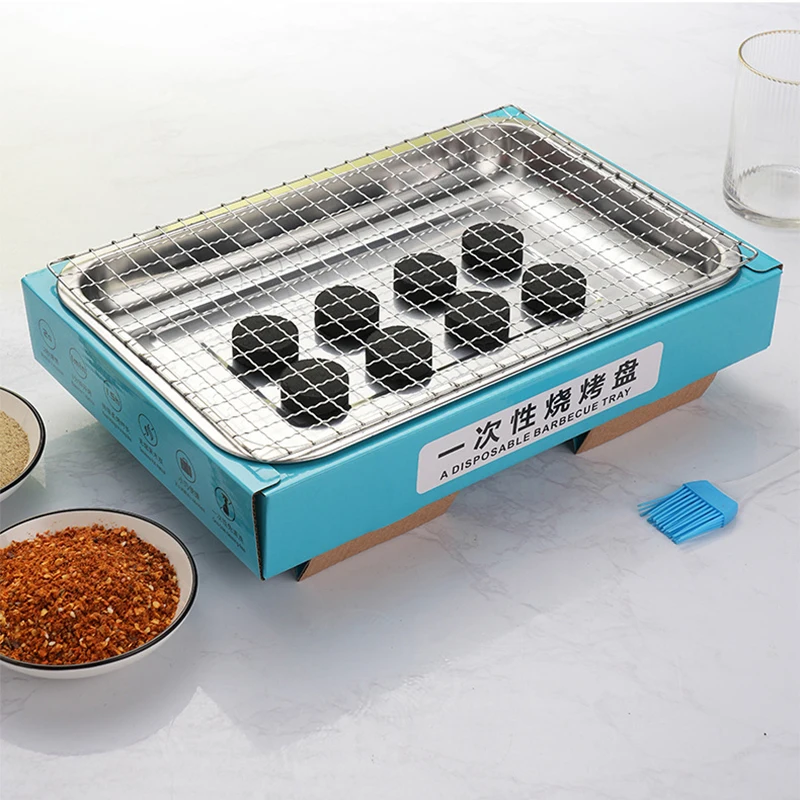 Оптовая продажа безопасные портативные барбекю одноразовые мгновенные грили с 30 шт. фруктовый Углерод 1 шт. силиконовая масляная щетка и сетка для барбекю