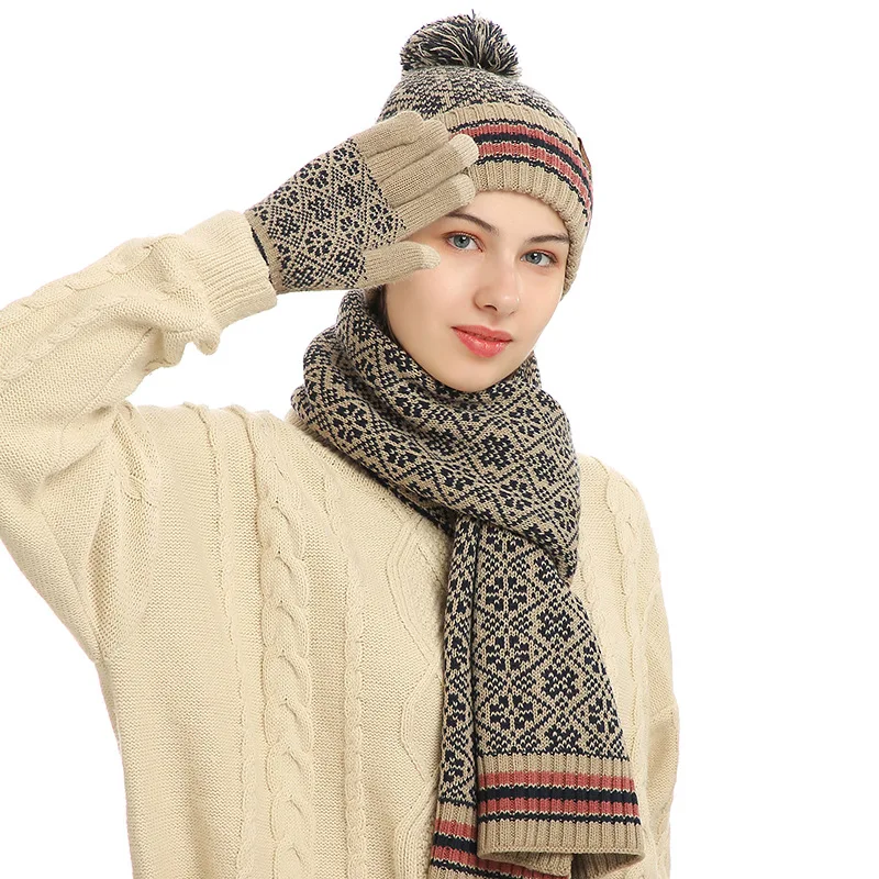 Wholesale Winter Hat With Scarf And Gloves Set Men Women Knitted Warm Beanie Hats Scarf Set