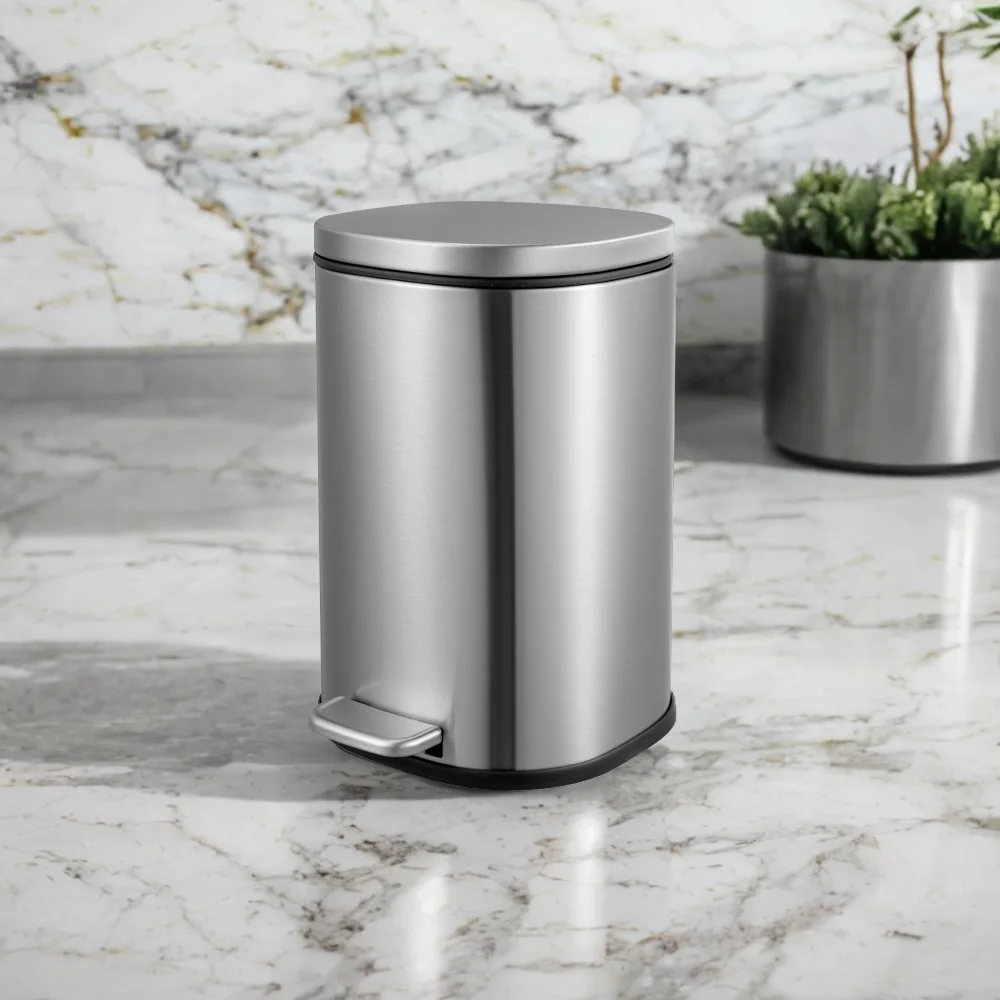 Small Modern 5-Liter Round Metal Lidded Step Trash Can Compact Garbage Bin with Removable Liner Bucket and Handle for Bathroom