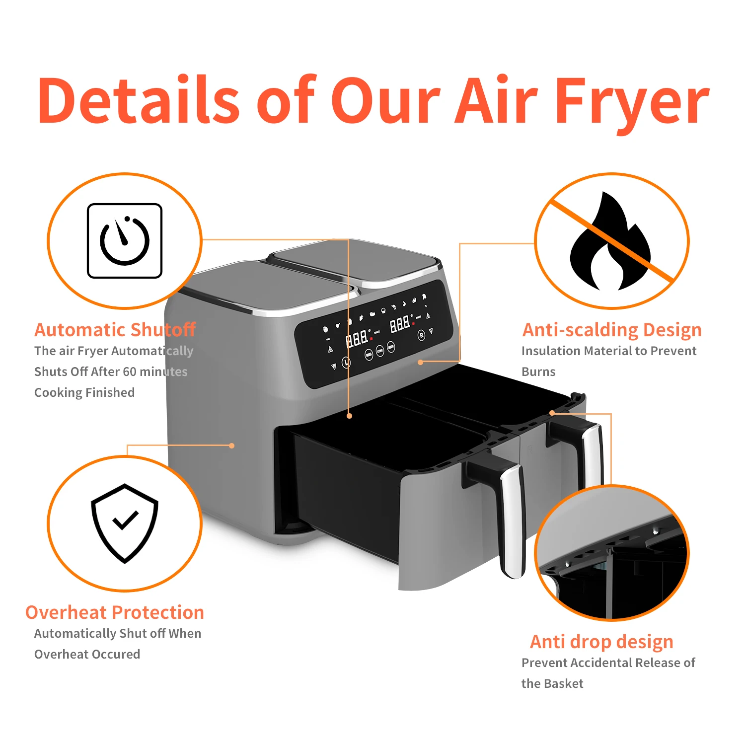 Household 2 Baskets OEM Customized Double Air Fryer Electric Smart Air Fryers 7L with Touch Screen