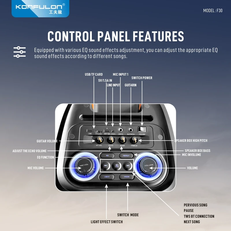 Konfulon New product Strong Bass Outdoor 120w Bluetooth Speaker Loud Stereo Sound Karaoke Bluetooth Speaker With Microphone