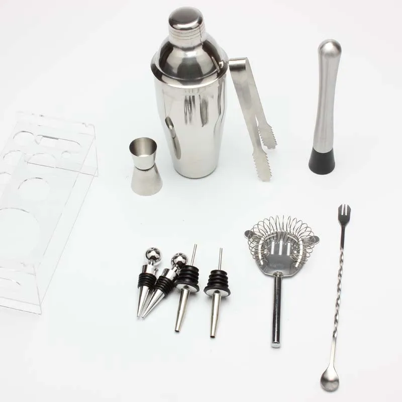  Factory Direct glass barware bartender stainless steel cocktail shaker bar tools set with acrylic frame