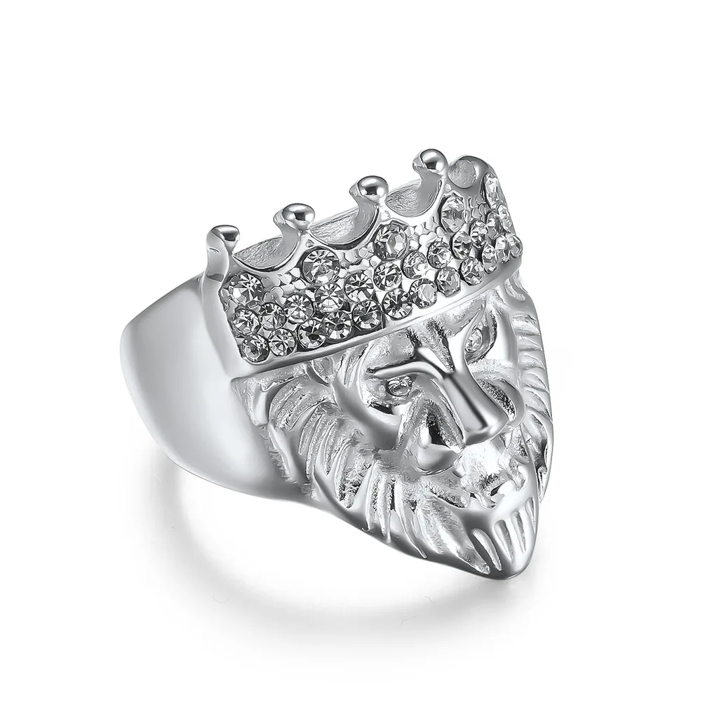 High-quality Stainless Steel Crown Lion King Ring 18K gold plated non tarnish water proof hip hop zircon ring wholesale