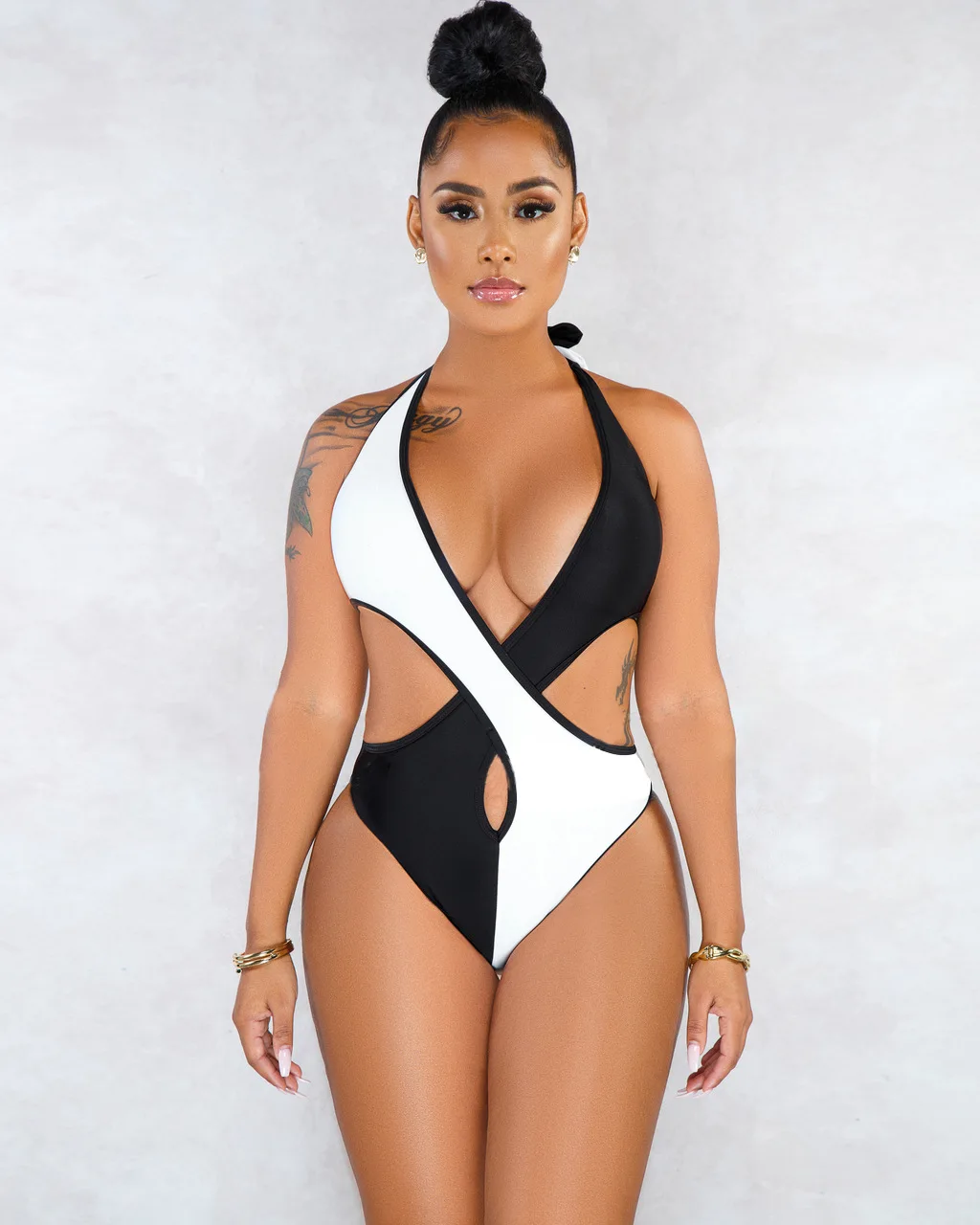 Sexy Women High Cut Out One Piece Patchwork Color Block Halter Bikini  Bathing Sports Monokini Strapping Swimsuit