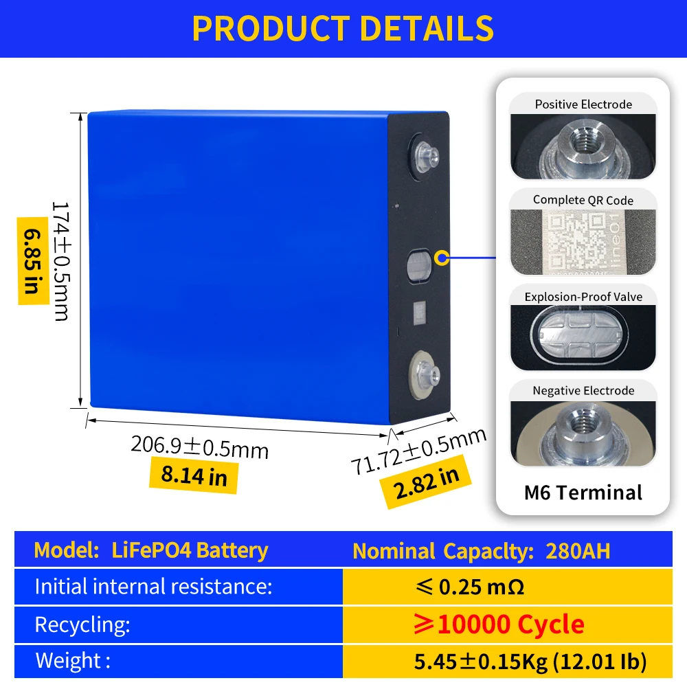280Ah 10000 Cycles Grade A Rept Battero Lifepo4 Battery LF280k 300Ah Cell for Solar Off Grid DIY 12V 24V 48V RV Van Golf Cart