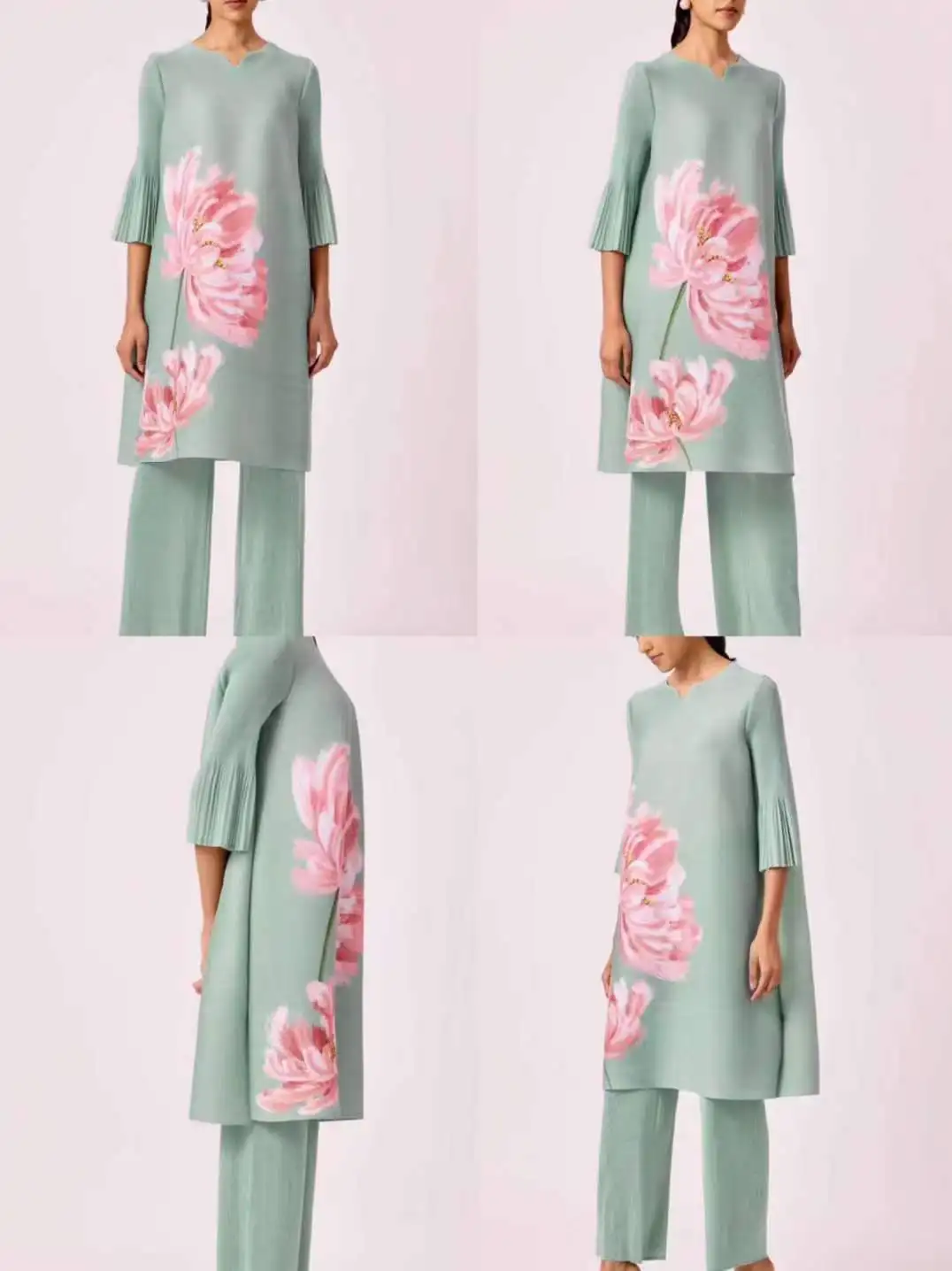 Newest Customized Indian femala Elegant Original design Solid Color Floral design Plus Size Miyake Pleated Two Pieces Set