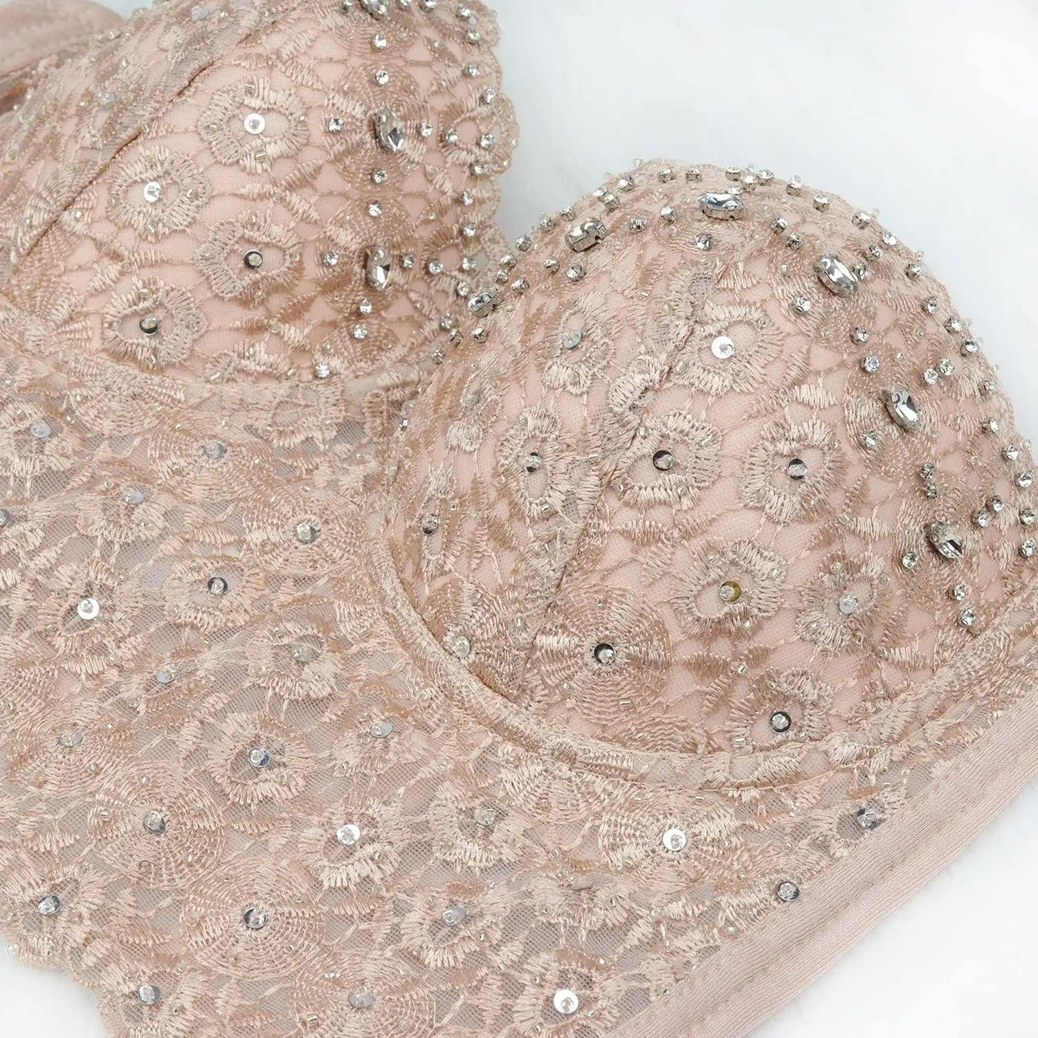 Sexy Pearls Beaded Rhinestone Bustier Crop Top Push up Corset Top with Detachable Straps
