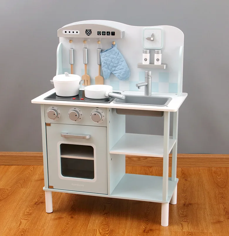 Hotsale Wooden Kids Kitchen With Clock Kitchenware and Removable Sink for Kids Toddlers Cooking Pretend 2 Colors