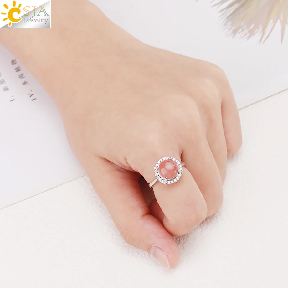 CSJA Trendy Jewelry Luxury Zircon Ring Natural Stone Round Cabochon Turquoise Rose Quartz Crystal Rings For Women Teen Girl H263