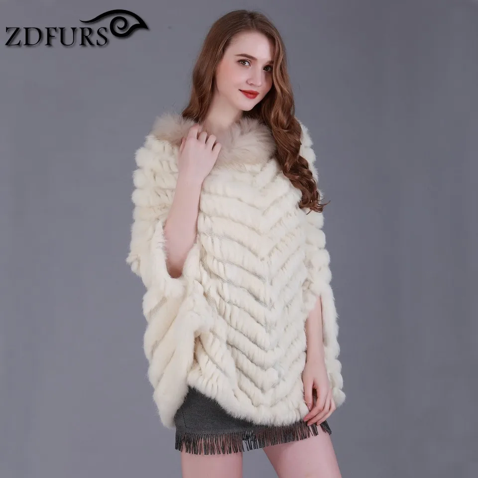 ZDFURS * new fashion real rabbit fur Shawl knitting rabbit fur poncho stole shrug cape robe tippet amice wrap raccoon fur trim