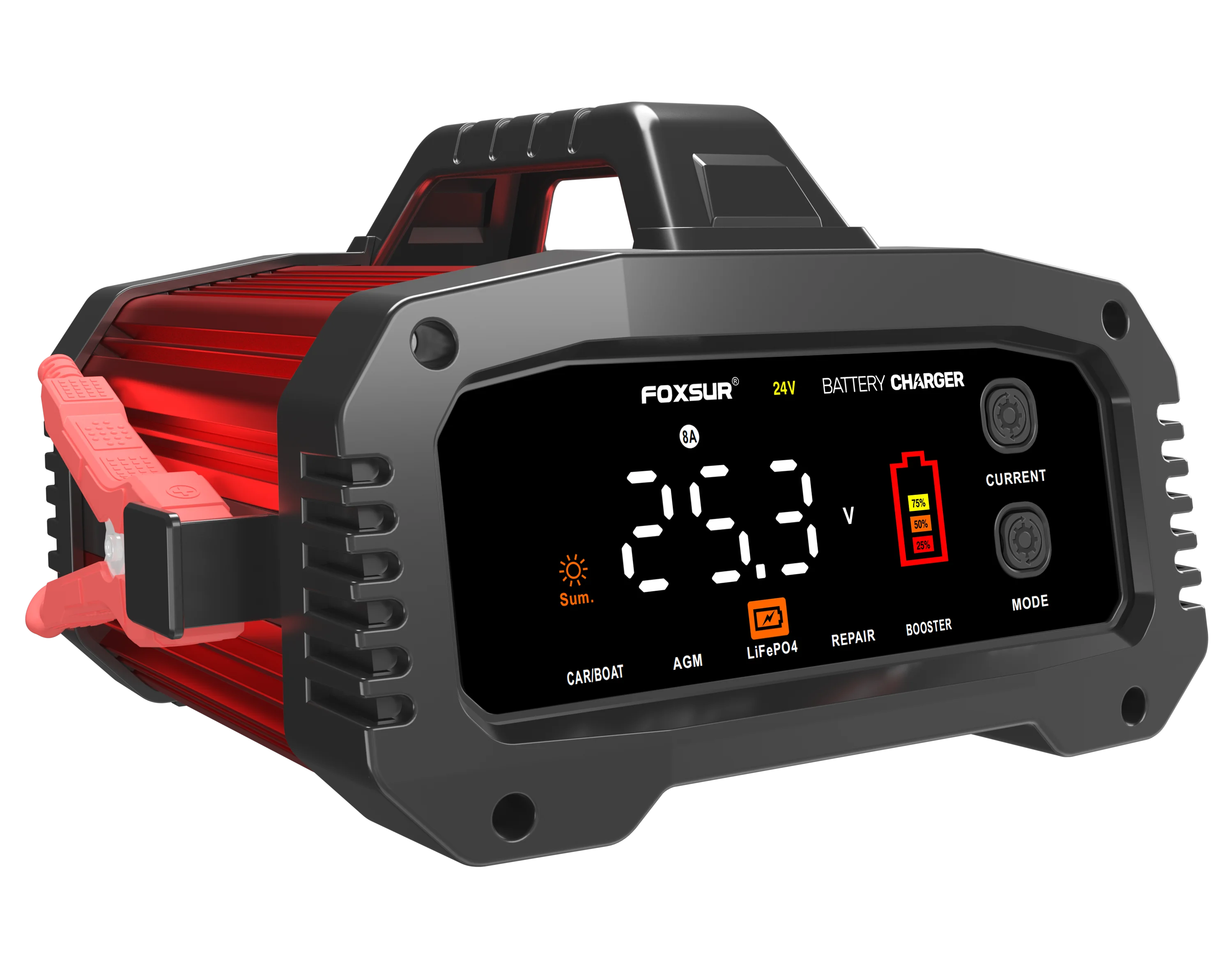 Foxsur  25A Car battery charger 12V24V automatic smart battery charger for LiFe PO4 batteries