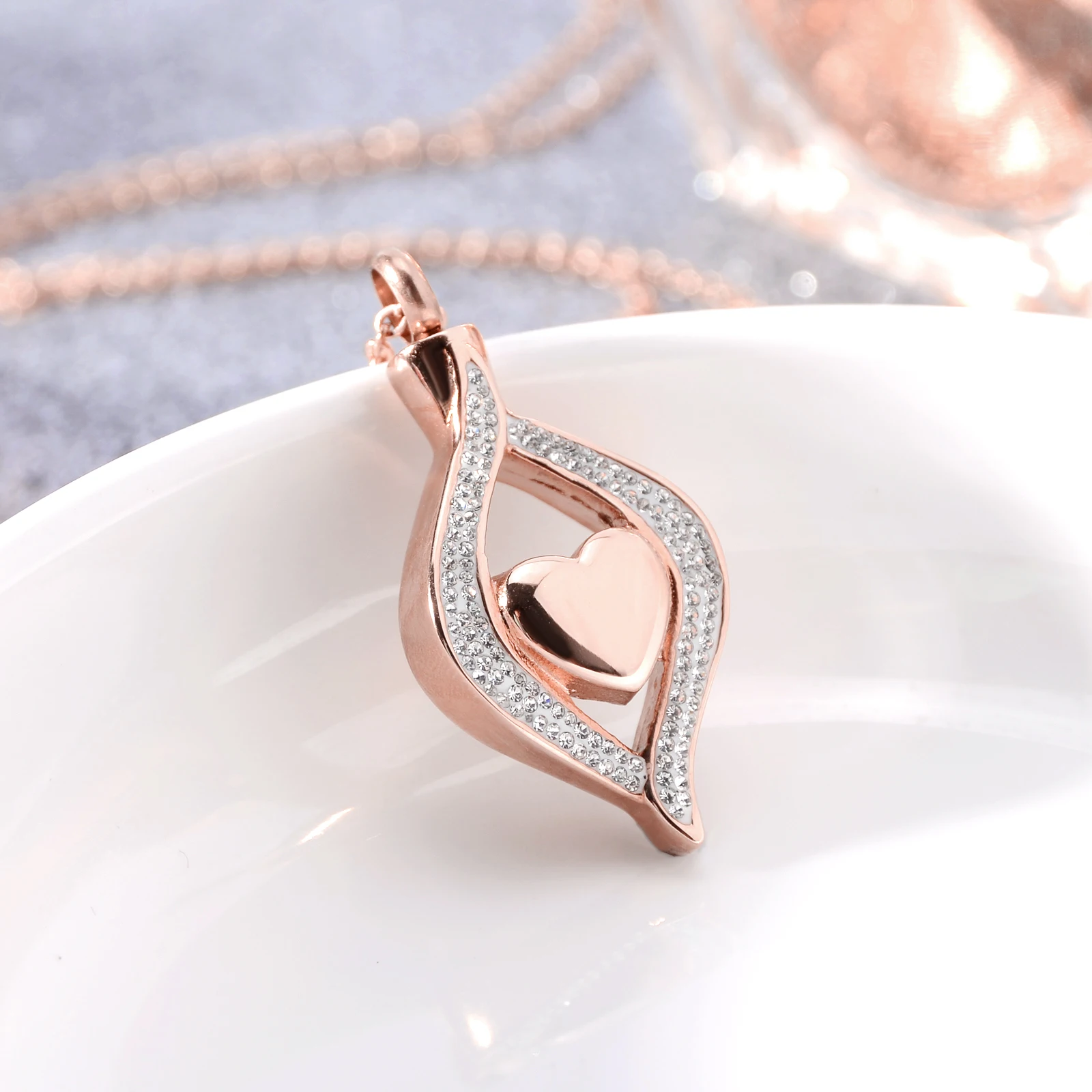 Crystal Pave Heart Stainless Steel Cremation Urn Locket Necklace Pendant