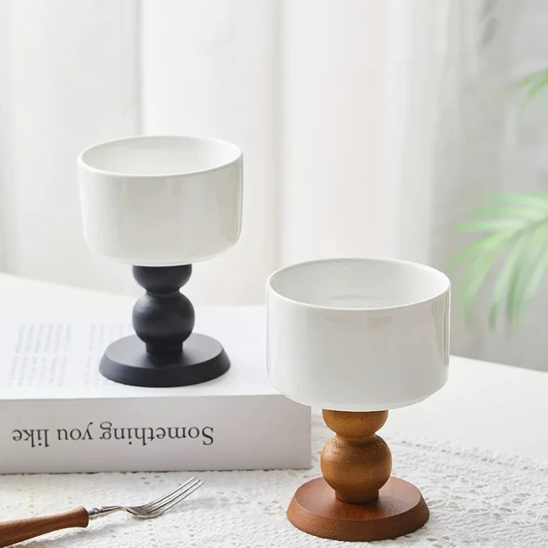 Vintage Ceramic Goblet French Style Ice Cream Cup Ins Pudding Dessert Bowl Household Wooden Feet Candle Cup Candle Holder