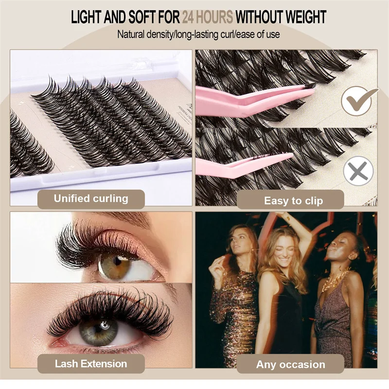 Wholesale 12 Rows segment DIY eyelashes L curl D curl  Individual Eyelashes extensions material with glue&Tweezers&Brush set